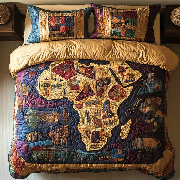 Cultural Continent quilted 3-piece bedding set on a made bed with two matching pillow shams