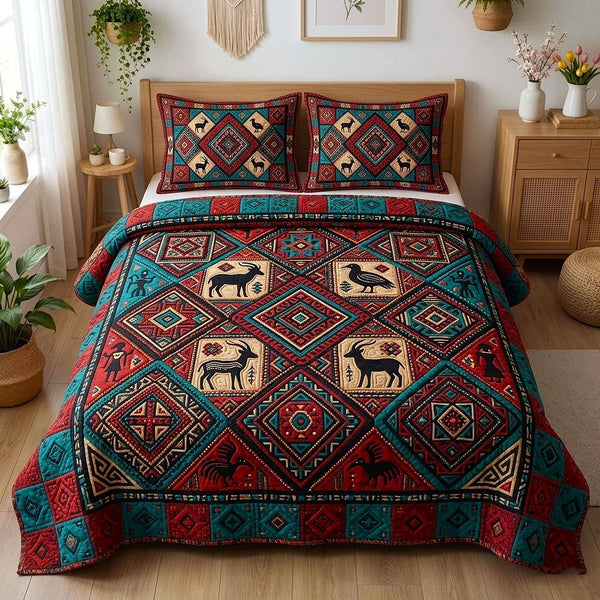 Cultural Rhythm quilted 3-piece bedding set on a made bed with two matching pillow shams