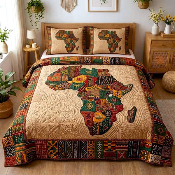 Cultural Rhythm quilted 3-piece bedding set on a made bed with two matching pillow shams