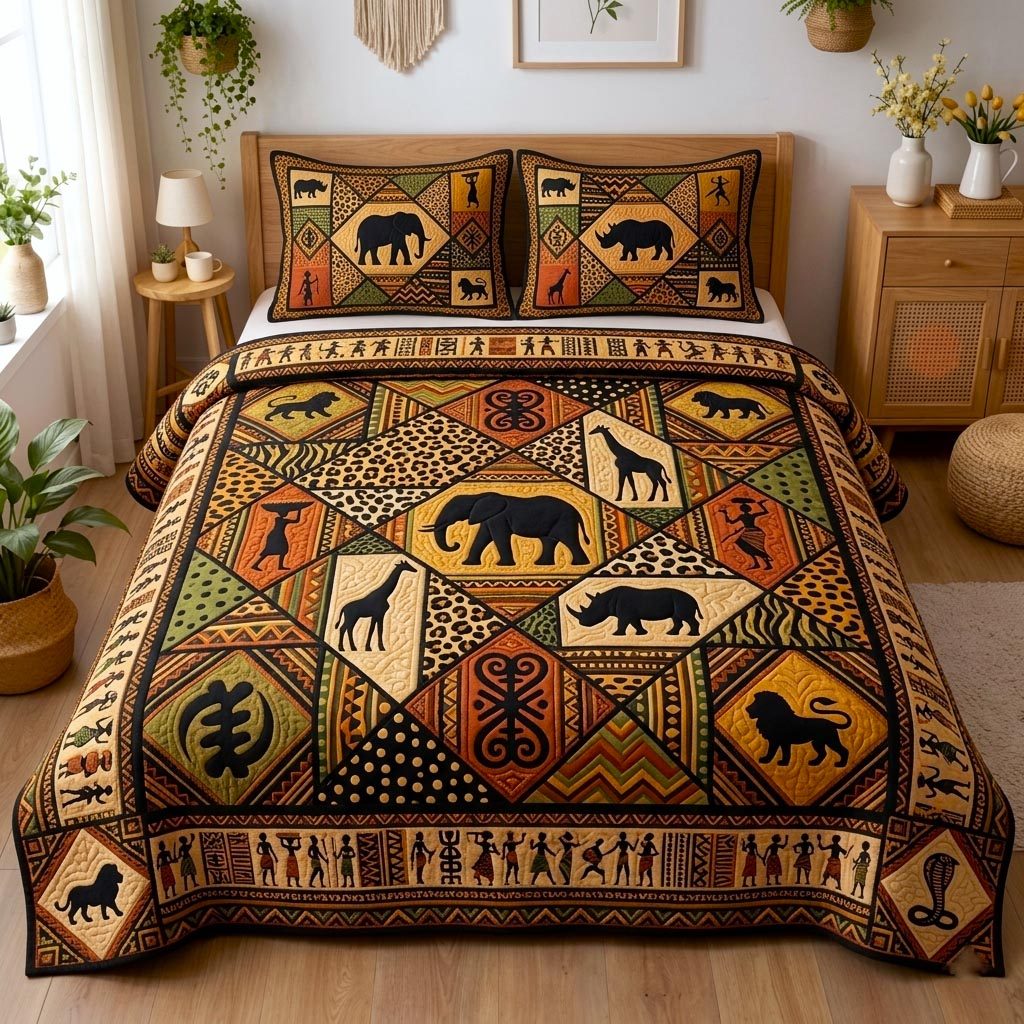 Cultural Rhythm quilted 3-piece bedding set on a made bed with two matching pillow shams