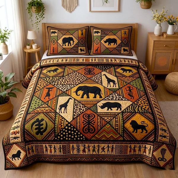 Cultural Rhythm quilted 3-piece bedding set on a made bed with two matching pillow shams