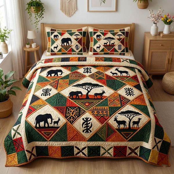 Cultural Rhythm quilted 3-piece bedding set on a made bed with two matching pillow shams