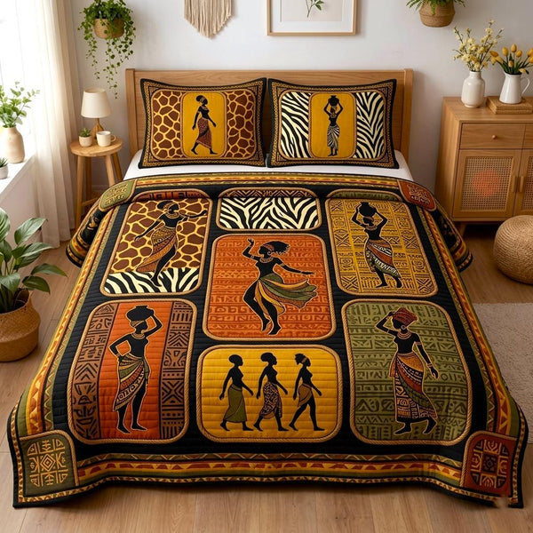 Cultural Rhythm quilted 3-piece bedding set on a made bed with two matching pillow shams