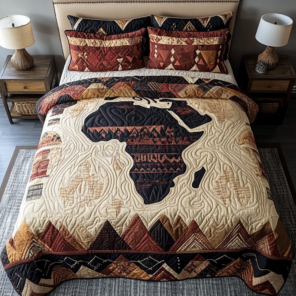 Cultural Roots quilted 3-piece bedding set on a made bed with two matching pillow shams