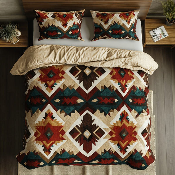 Cultural Tapestry quilted 3-piece bedding set on a made bed with two matching pillow shams