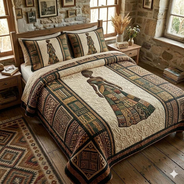 Cultural Unity quilted 3-piece bedding set on a made bed with two matching pillow shams