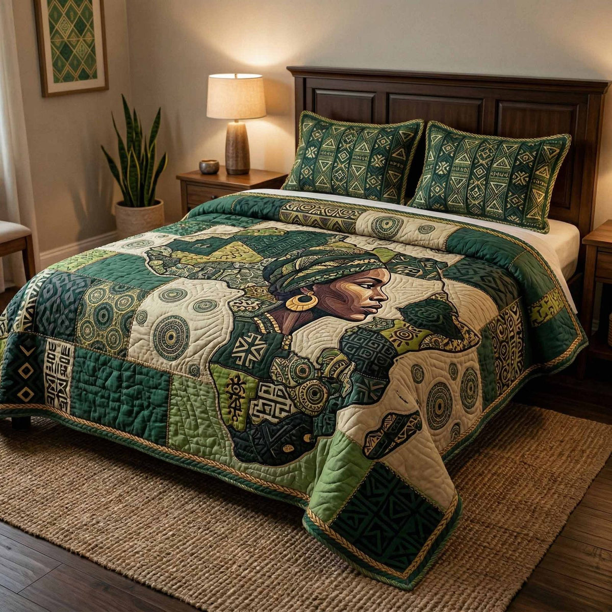 Culture Roots quilted 3-piece bedding set on a made bed with two matching pillow shams