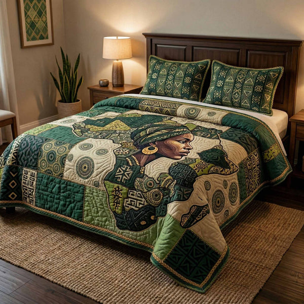 Culture Roots quilted 3-piece bedding set on a made bed with two matching pillow shams