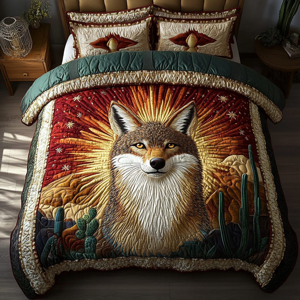 Cunning Hunter quilted 3-piece bedding set on a made bed with two matching pillow shams