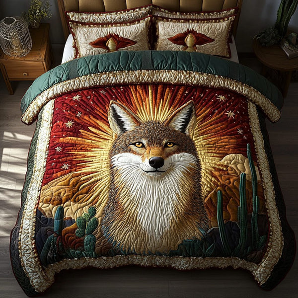 Cunning Hunter quilted 3-piece bedding set on a made bed with two matching pillow shams