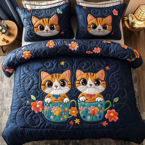 Cup of Cuteness quilted 3-piece bedding set on a made bed with two matching pillow shams
