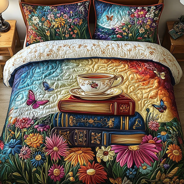 Cup of Wisdom quilted 3-piece bedding set on a made bed with two matching pillow shams