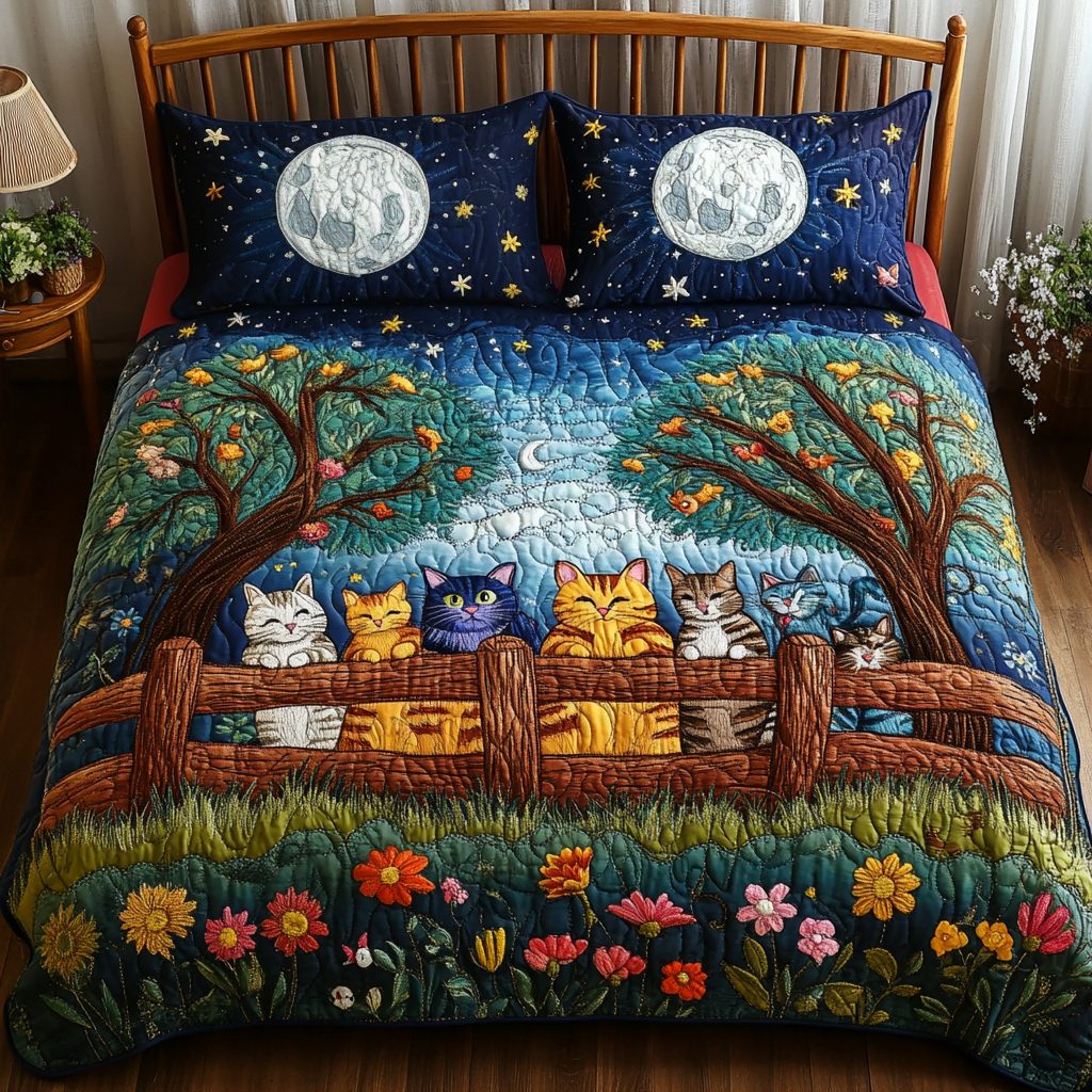 Curious Cat quilted 3-piece bedding set on a made bed with two matching pillow shams