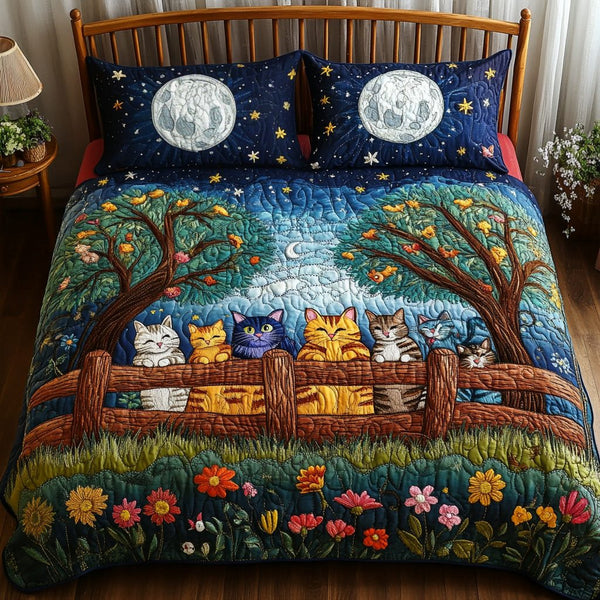 Curious Cat quilted 3-piece bedding set on a made bed with two matching pillow shams