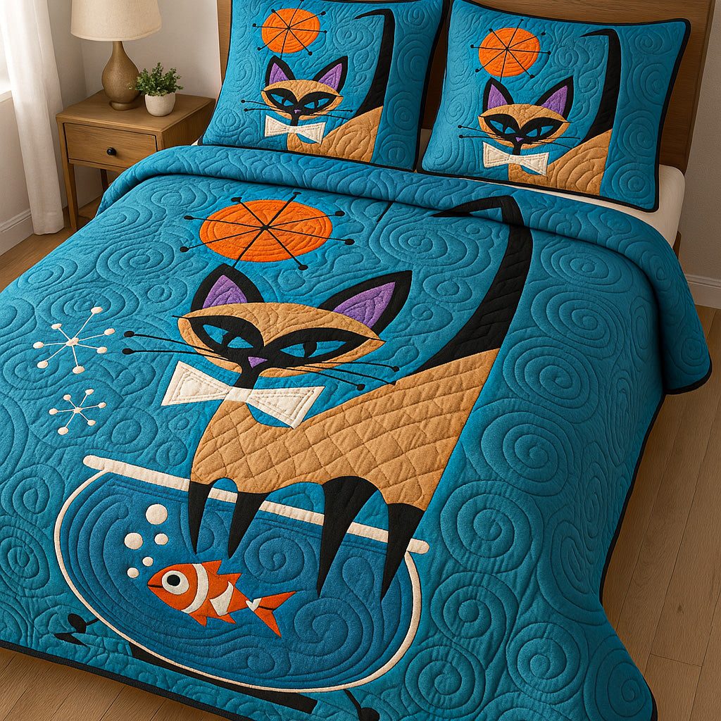 Curious Catfish quilted 3-piece bedding set on a made bed with two matching pillow shams