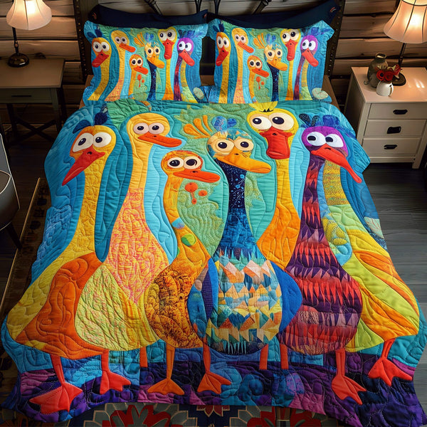 Curious Duck quilted 3-piece bedding set on a made bed with two matching pillow shams