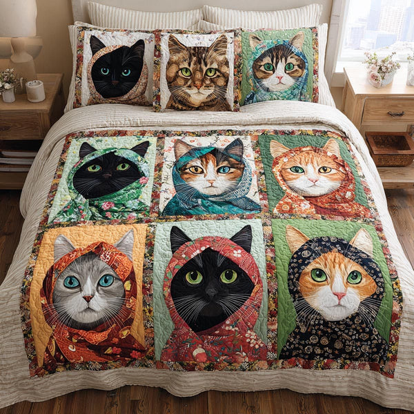 Curious Kitties quilted 3-piece bedding set on a made bed with two matching pillow shams