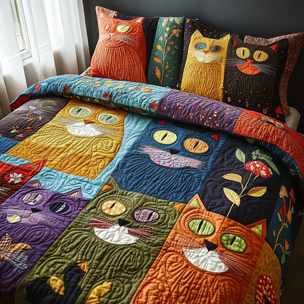 Curious Whiskers quilted 3-piece bedding set on a made bed with two matching pillow shams