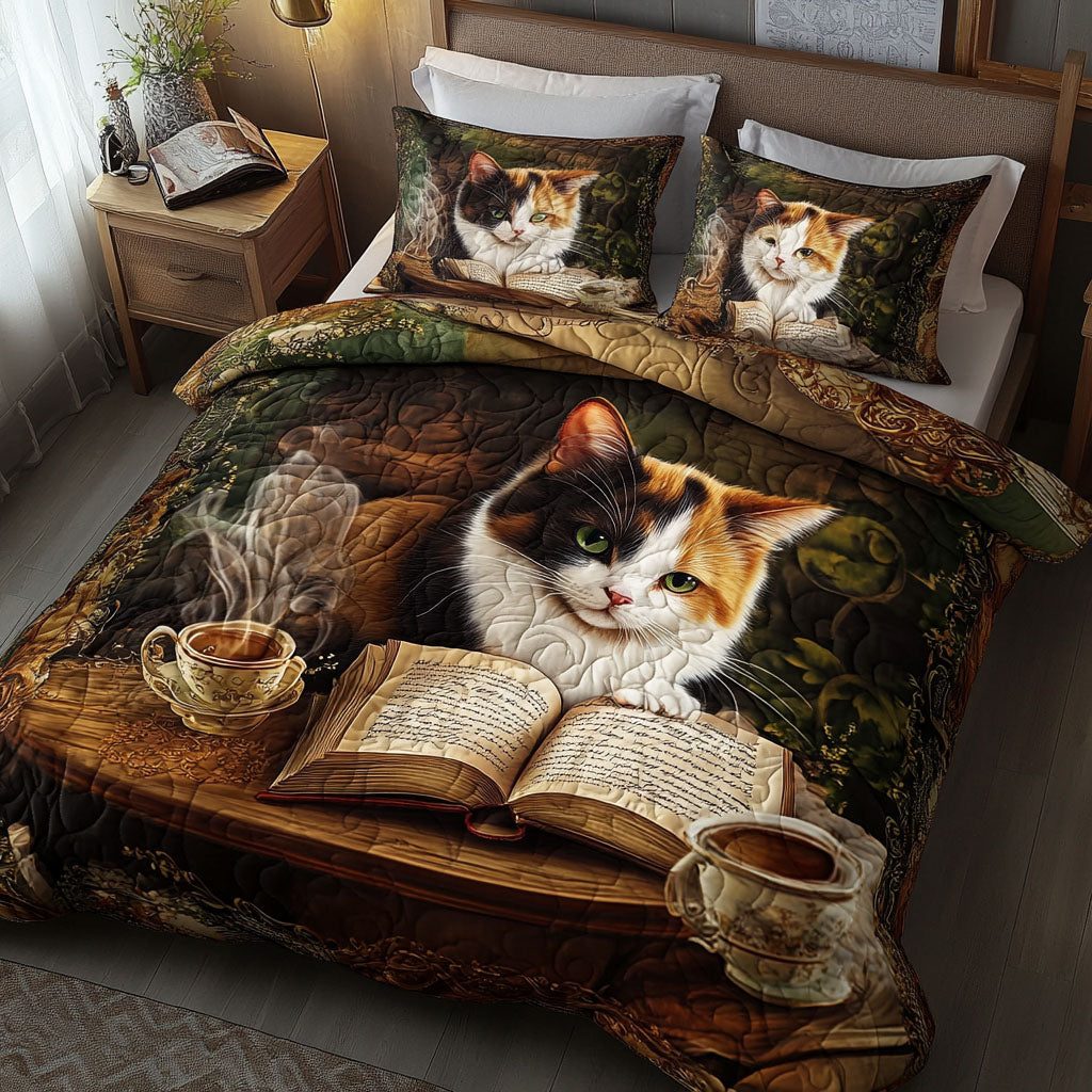 Curled Up Reads quilted 3-piece bedding set on a made bed with two matching pillow shams
