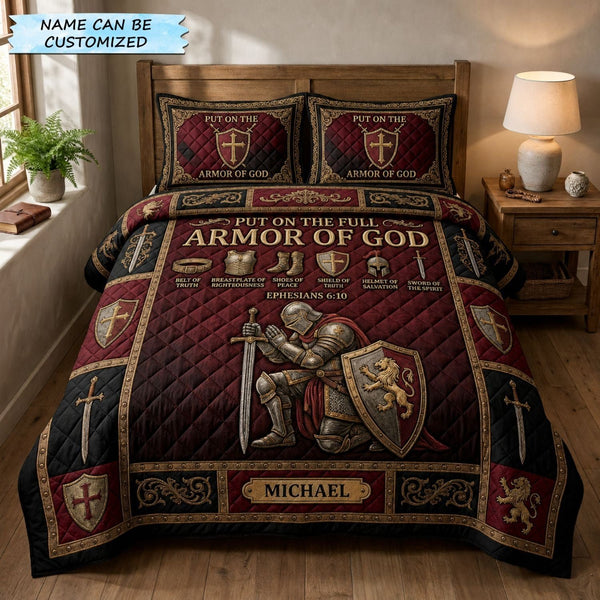 Custom Name Armor Of God quilted 3-piece bedding set on a made bed in a softly lit bedroom