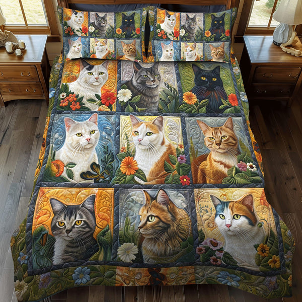 Cute Cat quilted 3-piece bedding set on a made bed with two matching pillow shams