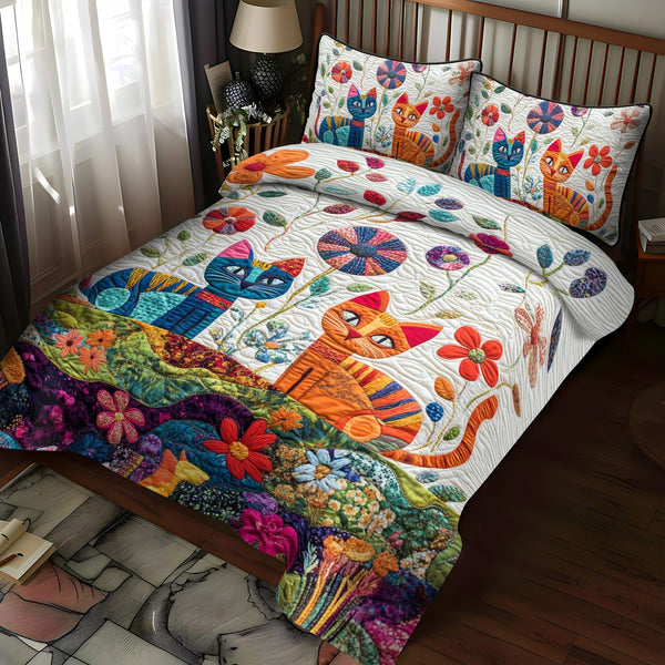 Cute Cat quilted 3-piece bedding set on a made bed with two matching pillow shams