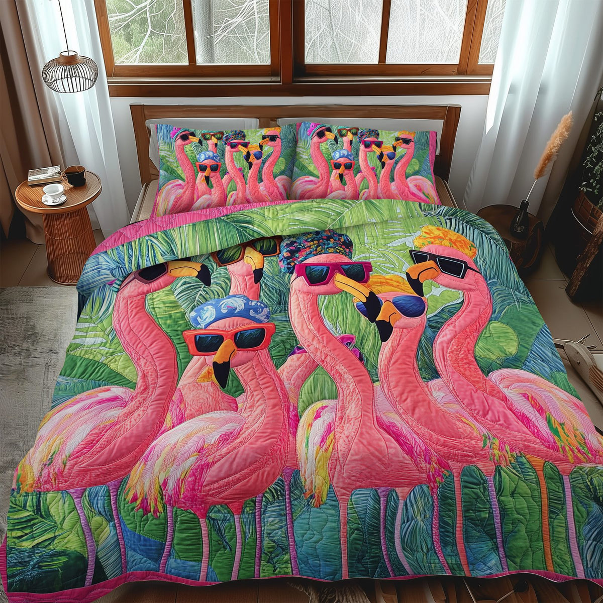 Cute Flamingo quilted 3-piece bedding set on a made bed with two matching pillow shams