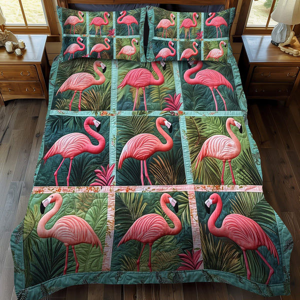 Cute Flamingo quilted 3-piece bedding set on a made bed with two matching pillow shams