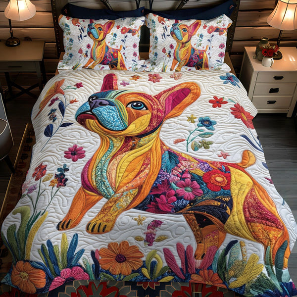 Cute French Bulldog quilted 3-piece bedding set on a made bed with two matching pillow shams