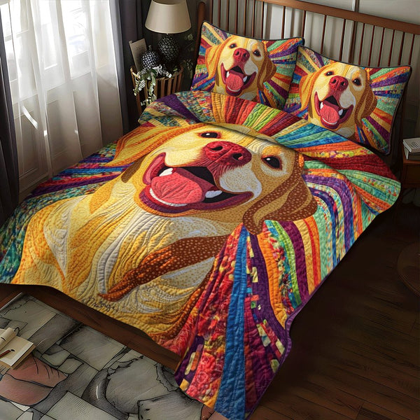 Cute Labrador Portraits quilted 3-piece bedding set on a made bed with two matching pillow shams