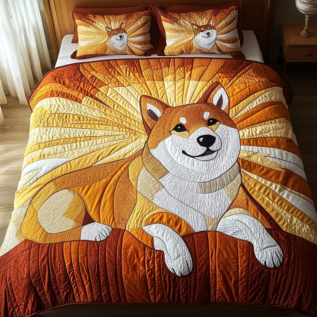 Cute Patch quilted 3-piece bedding set on a made bed with two matching pillow shams