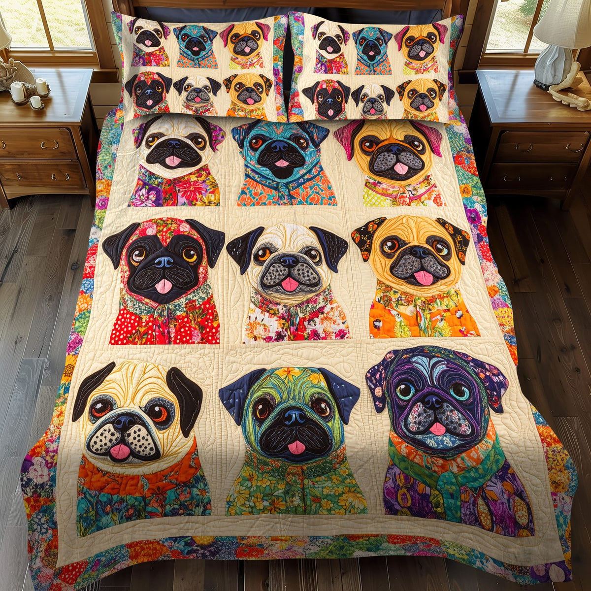 Cute Pugs quilted 3-piece bedding set on a made bed with two matching pillow shams