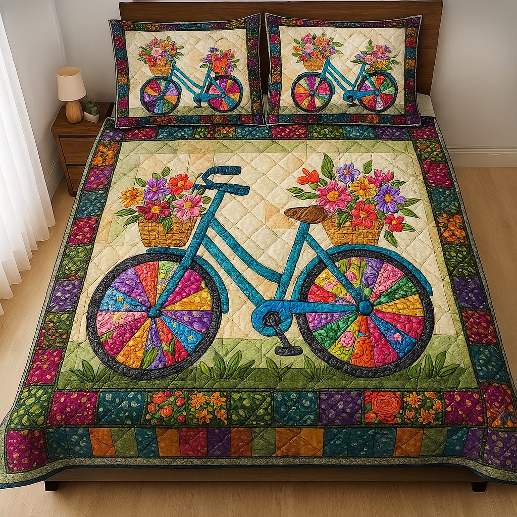 Cycle of Colors quilted 3-piece bedding set on a made bed with two matching pillow shams