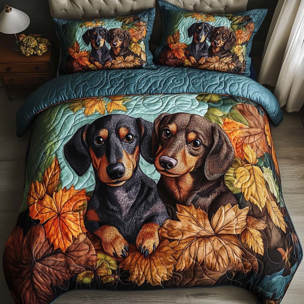Dachshund Charm quilted 3-piece bedding set on a made bed with two matching pillow shams