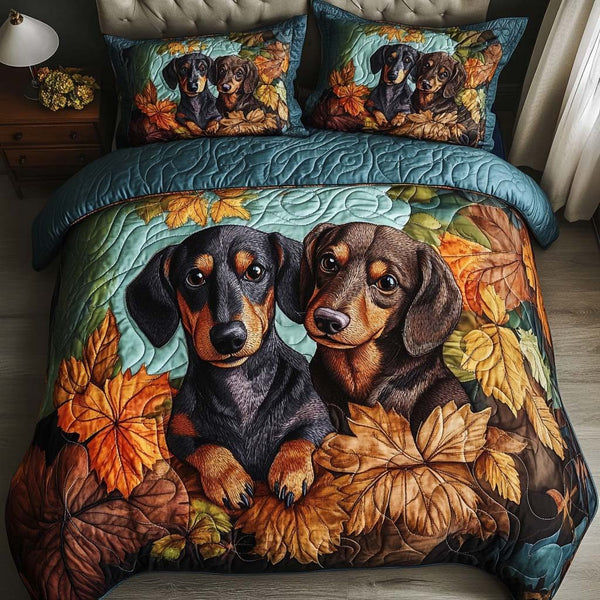 Dachshund Charm quilted 3-piece bedding set on a made bed with two matching pillow shams