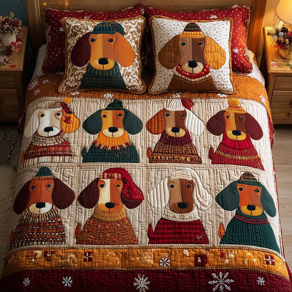 Dachshund Comfort Club quilted 3-piece bedding set on a made bed with two matching pillow shams