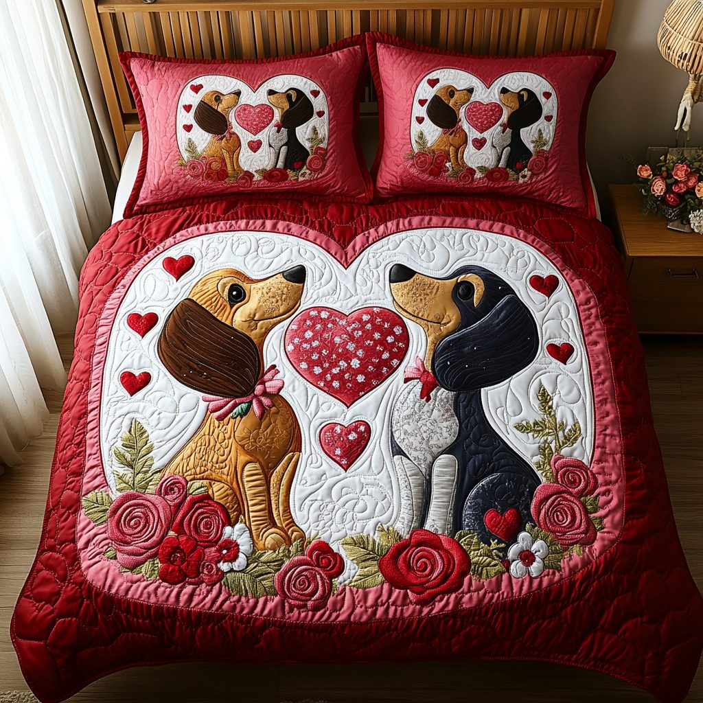 Dachshund Couple quilted 3-piece bedding set on a made bed with two matching pillow shams