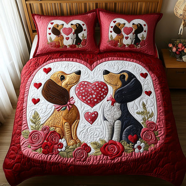 Dachshund Couple quilted 3-piece bedding set on a made bed with two matching pillow shams