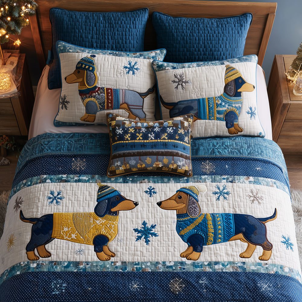 Dachshund Couple Snuggles quilted 3-piece bedding set on a made bed with two matching pillow shams