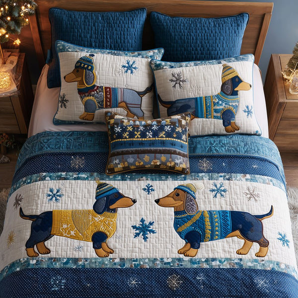 Dachshund Couple Snuggles quilted 3-piece bedding set on a made bed with two matching pillow shams