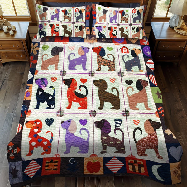 Dachshund Daydreams quilted 3-piece bedding set on a made bed with two matching pillow shams