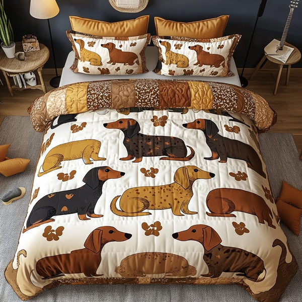 Dachshund Delight quilted 3-piece bedding set on a made bed with two matching pillow shams