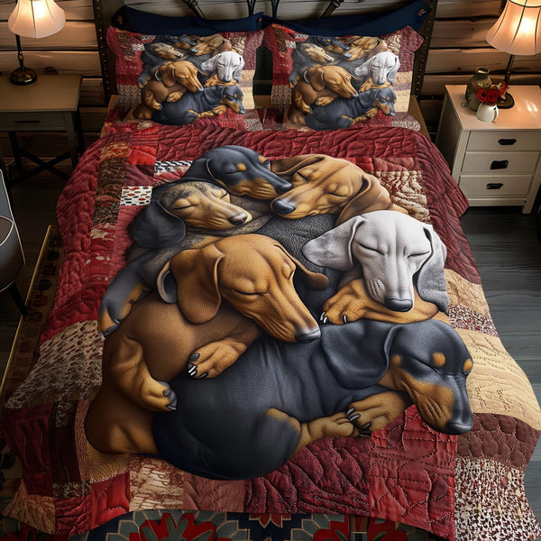 Dachshund Delight quilted 3-piece bedding set on a made bed with two matching pillow shams