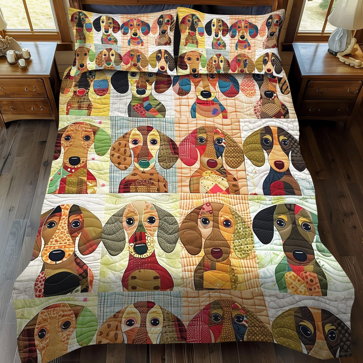Dachshund Dreamland quilted 3-piece bedding set on a made bed with two matching pillow shams