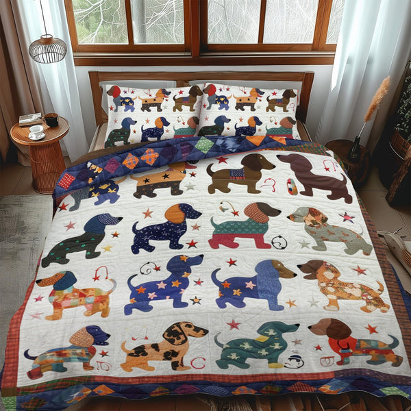 Dachshund Dreams quilted 3-piece bedding set on a made bed with two matching pillow shams