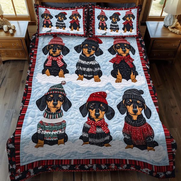 Dachshund Dreams quilted 3-piece bedding set on a made bed with two matching pillow shams