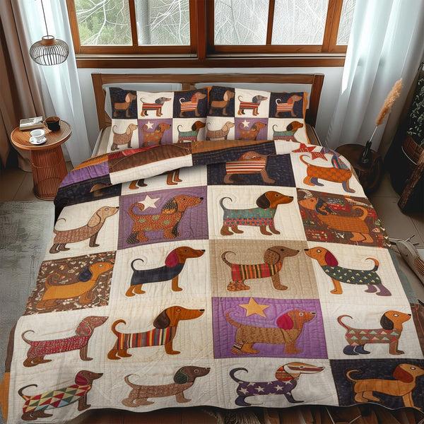 Dachshund Dreamscapes quilted 3-piece bedding set on a made bed with two matching pillow shams