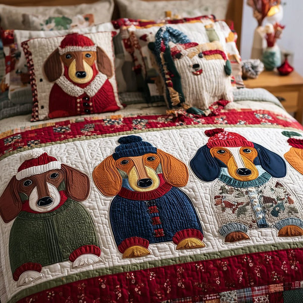 Dachshund Family Night quilted 3-piece bedding set on a made bed with two matching pillow shams