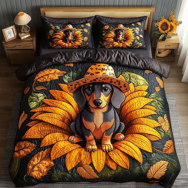 Dachshund Glow quilted 3-piece bedding set on a made bed with two matching pillow shams