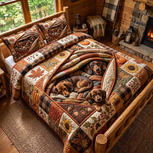 Dachshund Harvest quilted 3-piece bedding set on a made bed with two matching pillow shams